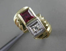 ANTIQUE .95CT OLD MINE DIAMOND & RUBELLITE 14K 2 TONE GOLD SWIRL MENS RING 19295