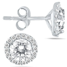 ESTATE 1.25CT DIAMOND 14KT WHITE GOLD CLASSIC ROUND SOLITAIRE HALO STUD EARRINGS