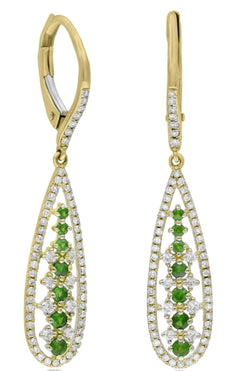 .66CT DIAMOND & AAA EMERALD 14KT YELLOW GOLD ELONGATED FLORAL LEVERBACK EARRINGS