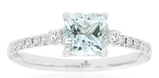 .99CT DIAMOND & AAA AQUAMARINE 14K WHITE GOLD 3D CUSHION & ROUND ENGAGEMENT RING