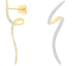 .58CT DIAMOND 14KT YELLOW GOLD 3D DOUBLE WAVE ELONGATED FUN HANGING EARRINGS