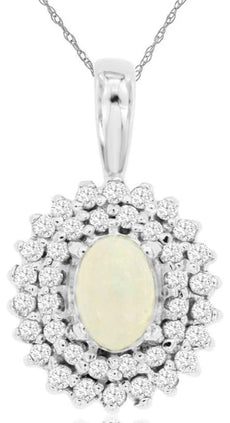 1.05CT DIAMOND & AAA OPAL 14K WHITE GOLD OVAL & ROUND DOUBLE HALO FLOWER PENDANT