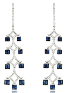 2.65CT DIAMOND & AAA SAPPHIRE 14KT WHITE GOLD ROUND & BAGUETTE HANGING EARRINGS