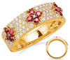 ESTATE WIDE 1.13CT DIAMOND & AAA RUBY 14KT YELLOW GOLD MULTI ROW FLOWER FUN RING