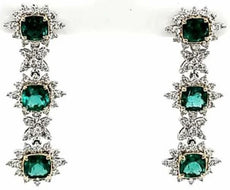 6.97CT DIAMOND & AAA EMERALD 18KT 2 TONE GOLD MULTI FLOWER FUN HANGING EARRINGS
