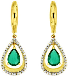 1.55CT DIAMOND & AAA EMERALD 14K YELLOW GOLD PEAR SHAPE & ROUND HANGING EARRINGS