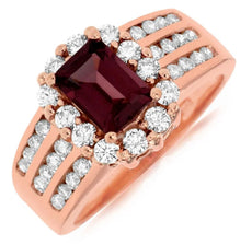 WIDE 2.35CT DIAMOND & AAA RHODOLITE 14KT ROSE GOLD 3D EMERALD CUT & ROUND RING