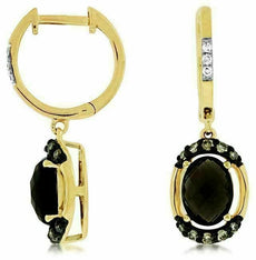 2.60CT WHITE & MOCHA DIAMOND & AAA SMOKY TOPAZ 14K YELLOW GOLD HANGING EARRINGS