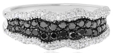 1.05CT WHITE & BLACK DIAMOND 14KT WHITE GOLD 3D MULTI ROW DOUBLE WAVE FUN RING