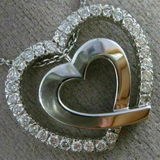 ESTATE .80CT DIAMOND 14KT WHITE GOLD 3D DOUBLE HEART LOVE PENDANT & CHAIN #15916