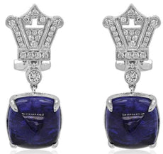 LARGE 17CT DIAMOND & AAA TANZANITE 18KT WHITE GOLD 3D CABOCHON & ROUND EARRINGS