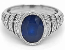 LARGE 3.27CT DIAMOND & AAA SAPPHIRE 18K WHITE GOLD 3D OVAL BEZEL ENGAGEMENT RING