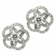 ESTATE .82CT ROUND DIAMOND 18KT WHITE GOLD 3D CLASSIC SWIRL FLOWER STUD EARRINGS