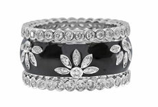 LARGE 1.52CT DIAMOND & BLACK ENAMEL 18K WHITE GOLD MULTI FLOWER ANNIVERSARY RING