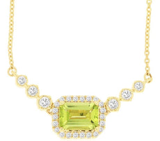 1.35CT DIAMOND & AAA PERIDOT 14KT YELLOW GOLD EMERALD CUT & ROUND LOVE NECKLACE