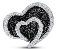ESTATE 1.85CT WHITE & BLACK DIAMOND 14KT WHITE GOLD 3D DOUBLE HEART LOVE RING