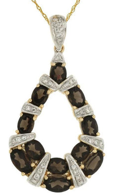 2.11CT DIAMOND & AAA SMOKY TOPAZ 14KT YELLOW GOLD OVAL & ROUND TEAR DROP PENDANT