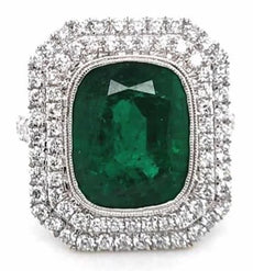 LARGE 8.53CT DIAMOND AAA EMERALD 18KT WHITE GOLD CUSHION OCTAGON ENGAGEMENT RING