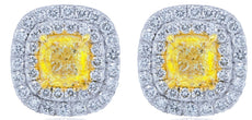 3.92CT WHITE & FANCY YELLOW DIAMOND 18KT 2 TONE GOLD 3D CUSHION & ROUND EARRINGS