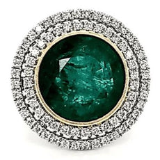 LARGE 15.89CT DIAMOND AAA ZAMBIA EMERALD 18KT 2 TONE GOLD ROUND DOUBLE HALO RING