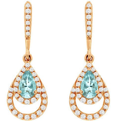 .52CT DIAMOND & AAA AQUAMARINE 14K ROSE GOLD PEAR SHAPE & ROUND HANGING EARRINGS