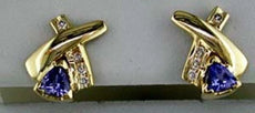 .74CT DIAMOND & AAA TANZANITE 14KT YELLOW GOLD ROUND & TRILLION HANGING EARRINGS
