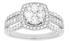 1.0CT DIAMOND 14KT WHITE GOLD 3D CLUSTER FLOWER SQUARE HALO FRIENDSHIP LOVE RING