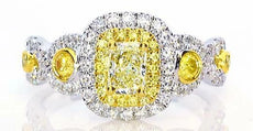 .93CT WHITE & FANCY YELLOW DIAMOND 18KT 2 TONE GOLD DOUBLE HALO ENGAGEMENT RING
