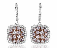 LARGE 3.42CT WHITE & PINK DIAMOND 18KT WHITE ROSE GOLD HALO FUN HANGING EARRINGS