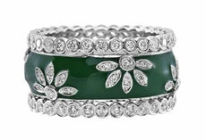LARGE 1.44CT DIAMOND & GREEN ENAMEL 18K WHITE GOLD MULTI FLOWER ANNIVERSARY RING