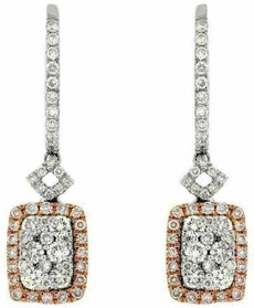 ESTATE .89CT WHITE & PINK DIAMOND 14K WHITE GOLD CLUSTER SQUARE HANGING EARRINGS