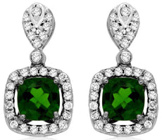 2.42CT DIAMOND & AAA RUSSALITE 14KT WHITE GOLD CUSHION & ROUND HANGING EARRINGS