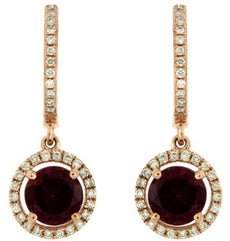 2.46CT DIAMOND & AAA RHODOLITE 14KT ROSE GOLD 3D HALO LEVERBACK HANGING EARRINGS