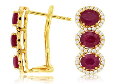 2.78CT DIAMOND & AAA RUBY 14KT YELLOW GOLD 3D OVAL & ROUND 3 STONE HALO EARRINGS