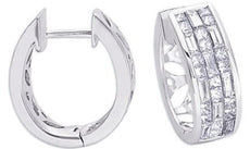 WIDE 1.4CT DIAMOND 14KT WHITE GOLD PRINCESS & BAGUETTE INVISIBLE HUGGIE EARRINGS