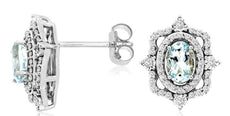 1.24CT DIAMOND & AAA AQUAMARINE 14KT WHITE GOLD OVAL & ROUND CROWN STUD EARRINGS