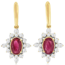 1.43CT DIAMOND & AAA RUBY 14KT 2 TONE GOLD OVAL & ROUND FILIGREE FLOWER EARRINGS