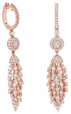 LARGE 2.80CT DIAMOND 18KT ROSE GOLD 3D FLORAL MULTI LEAF HUGGIE HANGING EARRINGS