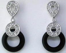 ESTATE .15CT DIAMOND & AAA ONYX 14KT WHITE GOLD ROUND TEAR DROP HANGING EARRINGS