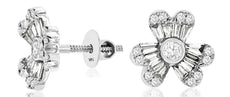 .94CT DIAMOND 14KT WHITE GOLD 3D ROUND & BAGUETTE FLOWER FUN SCREWBACK EARRINGS