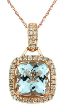 1.99CT DIAMOND & AAA AQUAMARINE 14KT ROSE GOLD 3D CUSHION & ROUND SQUARE PENDANT