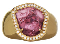 7.64CT DIAMOND & AAA PINK TOURMALINE 18KT YELLOW GOLD OCTAGON HALO UNISEX RING