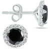 1.25CT WHITE & BLACK DIAMOND 14KT WHITE GOLD ROUND SOLITAIRE HALO STUD EARRINGS