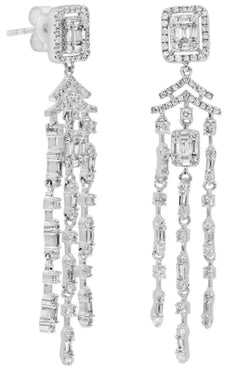 LARGE 1.47CT DIAMOND 18KT WHITE GOLD 3D ROUND & BAGUETTE MULTI ROW FUN EARRINGS
