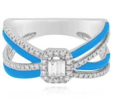.29CT DIAMOND & BLUE ENAMEL 14KT WHITE GOLD 3D ROUND & BAGUETTE CRISS CROSS RING