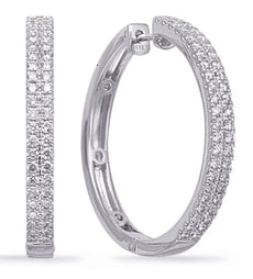 1.18CT DIAMOND 14KT WHITE GOLD 3D ROUND CLASSIC 2 ROW PAVE HOOP HANGING EARRINGS