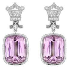 LARGE 44.02CT DIAMOND & AAA KUNZITE 18KT WHITE GOLD CUSHION & ROUND FUN EARRINGS