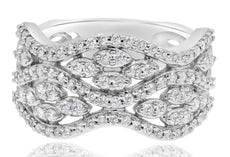 WIDE .85CT DIAMOND 14KT WHITE GOLD 3D MULTI ROW MARQUISE SHAPE ANNIVERSARY RING