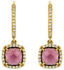 2.65CT DIAMOND & AAA RHODOLITE 14K YELLOW GOLD CUSHION CUT HALO HANGING EARRINGS
