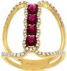LARGE 1.20CT DIAMOND & AAA RUBY 14KT YELLOW GOLD 3D ROUND 4 STONE HALO BAR RING